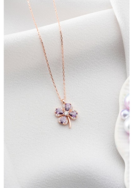 925 Ayar Gümüş Mor Zirkon Taşlı Dört Yapraklı Şans Kolyesi Kadınlar İçin