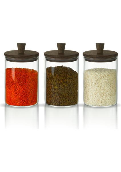 Silindirik Sap Akasya Kapaklı 1000ML Yüksek Borosilikat Cam Saklama Kavanozu 3'lü