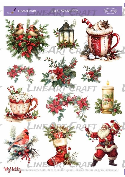 ST2356 Yeniyıl Serisi, Mum, Noelbaba, Fener, Kızılgerdan Desenli Açık Zemin Sulu Transfer 25*35 cm