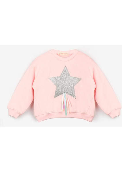 Pembe Yıldız Nakışlı Kurdele Detaylı Kız Çocuk Sweatshirt