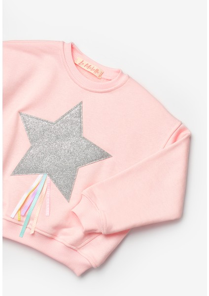 Pembe Yıldız Nakışlı Kurdele Detaylı Kız Çocuk Sweatshirt modelleri