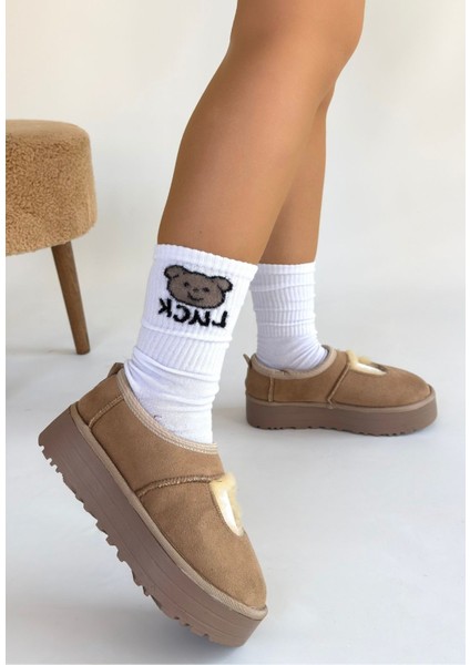 Vizon Süet Kürklü Kadın Düz Bootie