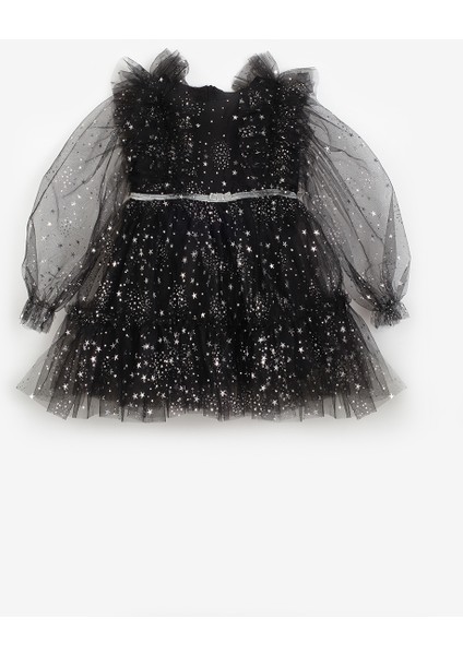 Siyah Omzu Fırfır Detaylı Yıldızlı Kız Çocuk Elbise - Stella