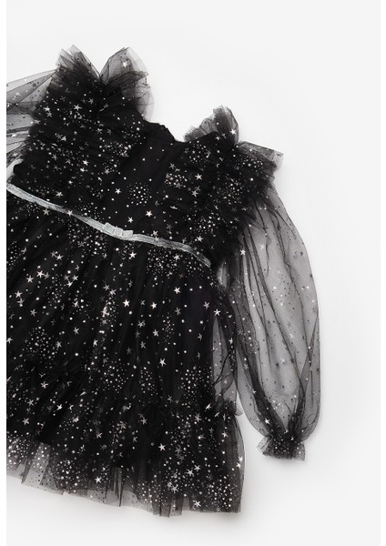 Siyah Omzu Fırfır Detaylı Yıldızlı Kız Çocuk Elbise - Stella modelleri
