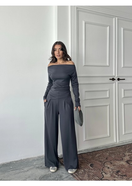 Antrasit Omuz Detaylı Büzgülü Modal Takım