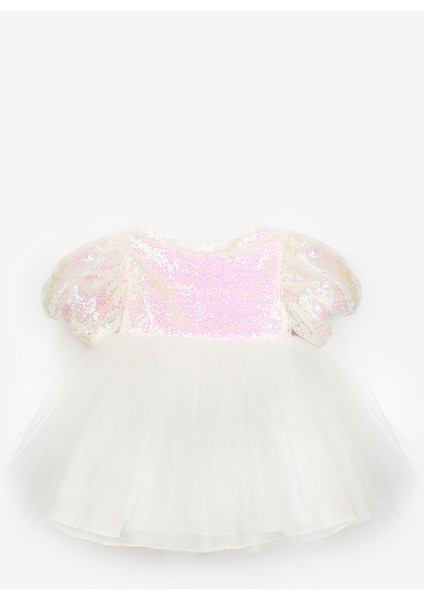 Beyaz Fiyonk Detaylı Pullu Kız Bebek Elbise - Amber