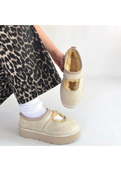 Bej Süet Kürklü Kadın Düz Bootie fırsatları
