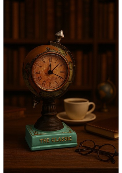 Prestij Serisi Dünya Küre Tasarımlı Polyester Masa Saati – Ofis ve Ev Için Şık Antika Model 19 Cm-Y fiyatları