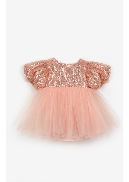 Rose Fiyonk Detaylı Pullu Kız Bebek Elbise - Amber