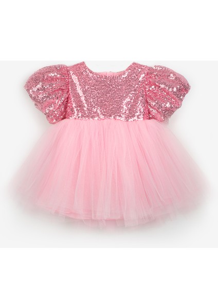 Pembe Fiyonk Detaylı Pullu Kız Bebek Elbise - Amber