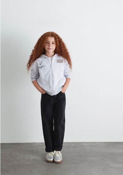 Looney Tunes Baskılı Kapüşonlu Gri Sweatshirt 7S10134-88467