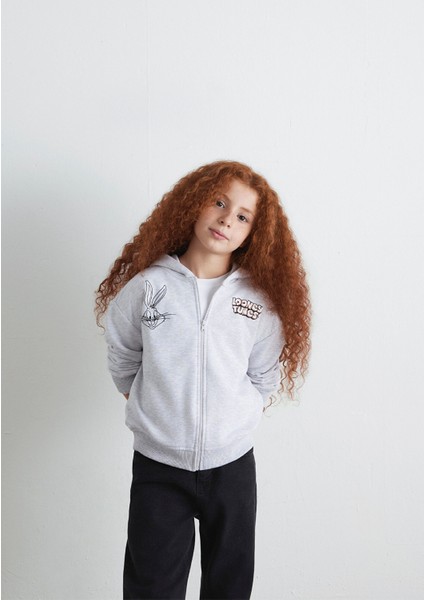 Looney Tunes Baskılı Kapüşonlu Gri Sweatshirt 7S10134-88467