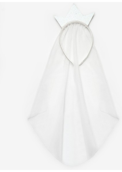 Beyaz Tül Detaylı Kraliçe Figürlü Kız Çocuk Taç