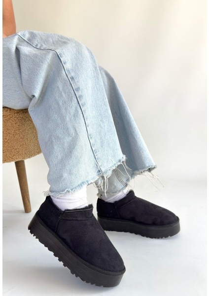 Siyah Süet Kürklü Kadın Düz Bootie modelleri