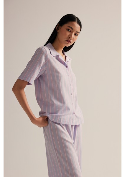 Kadın Dokuma Kısa Kollu Gömlek Pijama Üstü