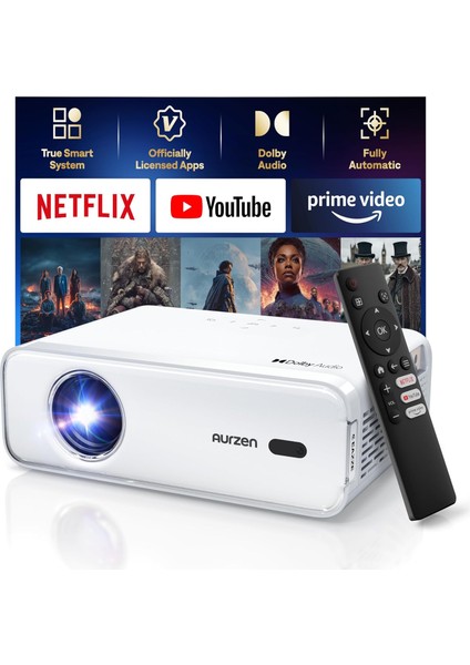 Eazze D1 Wifi ve Bluetooth'lu Akıllı Projektör, Netflix Resmi Lisanslı, Otomatik Odaklama ve Keystone, Doıby Audio, Zoom, Yerel 1080P Film, Taşınabilir Dış Mekan Mini Projektör, Beyaz