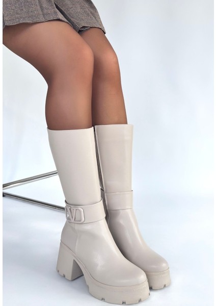 Bej Fermuarlı Kadın Topuklu Çizme fiyatları