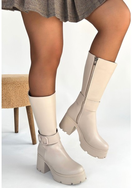 Bej Fermuarlı Kadın Topuklu Çizme modelleri