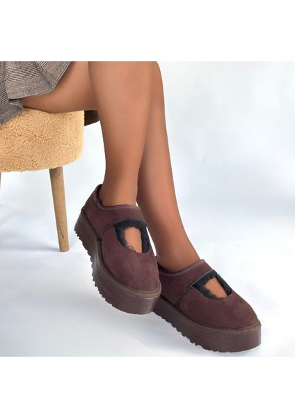Kahverengi Süet Kürklü Kadın Düz Bootie fırsatları