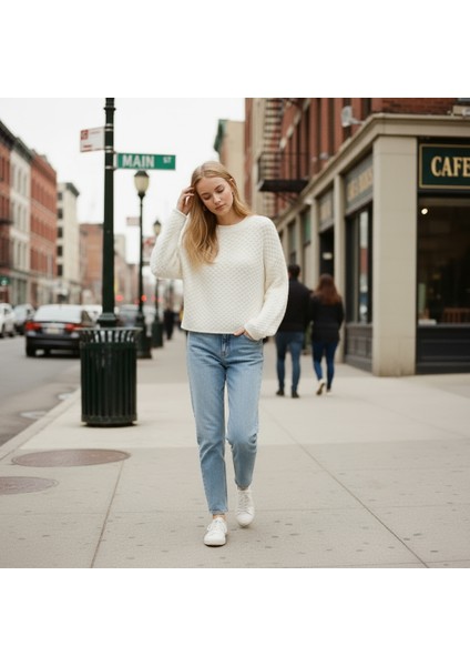 Kadın Triko Premium Dokulu Özel Örgü Bisiklet Yaka Kazak Salaş/oversize