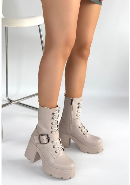 Bej Fermuarlı Bağcık Detaylı Kadın Topuklu Bot fiyatları