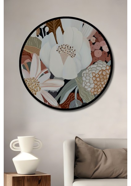 Dekoratif Ahşap Yuvarlak Çerçeve Görünümlü Tablo Çiçek Bahçesi