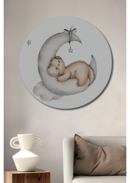 Dekoratif Ahşap Yuvarlak Tablo Uyuyan Dinozor Ay