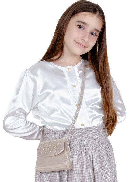 Floş Viskon Beyaz Uzun Kollu Kız Çocuk Bluz