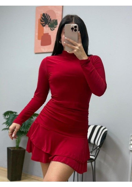 Kadın Uzun Kollu Balıkçı Yaka Mini Fırfırlı Sandy Elbise fiyatları