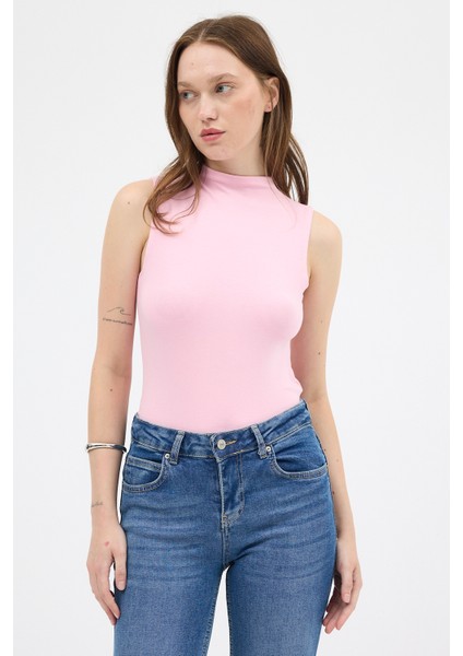 Pembe Kadın Kolsuz Yüksek Yaka Body 8155A