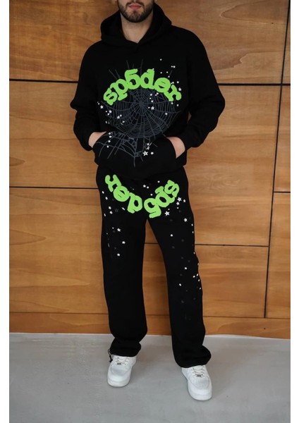 Mdb Erkek Kapüşonlu Eşofman Takım Örümcek Ağı ve Neon Yeşil Baskılı Kanguru Cepli Oversize Rahat Kalıp, Premium Üç Iplik Kumaş Iyah