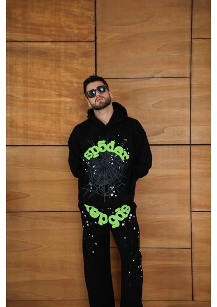 Mdb Erkek Kapüşonlu Eşofman Takım Örümcek Ağı ve Neon Yeşil Baskılı Kanguru Cepli Oversize Rahat Kalıp, Premium Üç Iplik Kumaş Iyah fırsatları