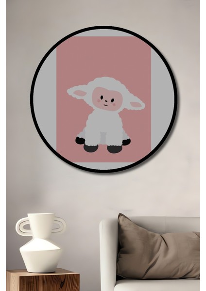 Dekoratif Ahşap Yuvarlak Çerçeve Görünümlü Tablo Sevimli Kuzucuk