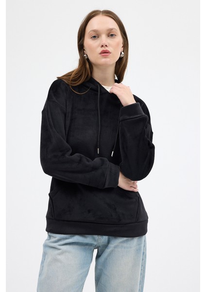 Siyah Kadın Peluş Kanguru Cepli Kapüşonlu Sweatshirt 3061A fiyatları