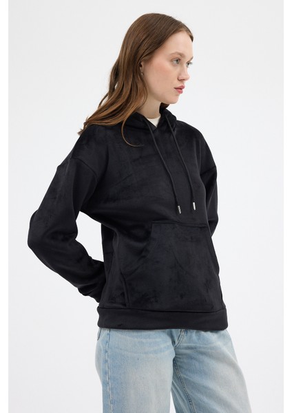 Siyah Kadın Peluş Kanguru Cepli Kapüşonlu Sweatshirt 3061A modelleri