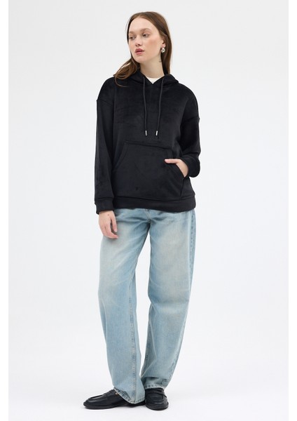 Siyah Kadın Peluş Kanguru Cepli Kapüşonlu Sweatshirt 3061A fırsatları