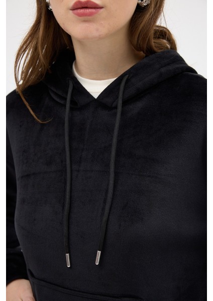 Siyah Kadın Peluş Kanguru Cepli Kapüşonlu Sweatshirt 3061A indirimleri