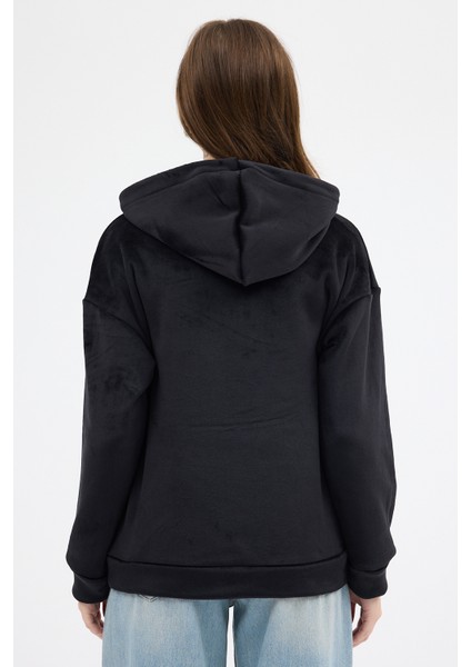 Siyah Kadın Peluş Kanguru Cepli Kapüşonlu Sweatshirt 3061A