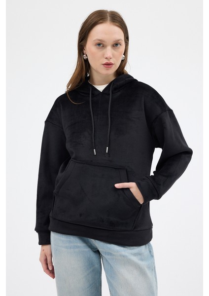 Siyah Kadın Peluş Kanguru Cepli Kapüşonlu Sweatshirt 3061A