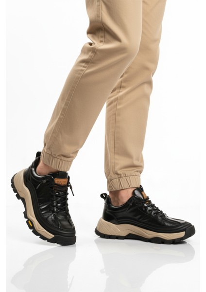 Siyah Hakiki Deri Bağcıklı Erkek Sneaker