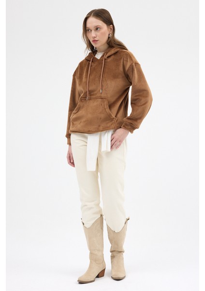 Taba Kadın Peluş Kanguru Cepli Kapüşonlu Sweatshirt 3061A fırsatları