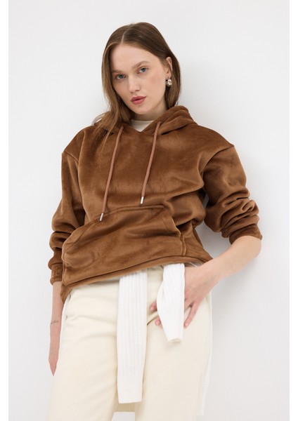 Taba Kadın Peluş Kanguru Cepli Kapüşonlu Sweatshirt 3061A