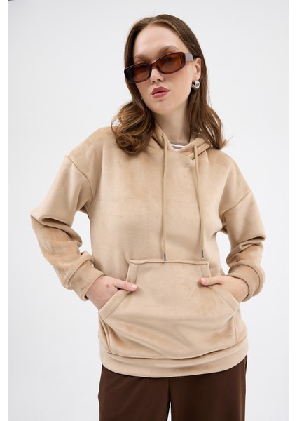 Vizon Kadın Peluş Kanguru Cepli Kapüşonlu Sweatshirt 3061A