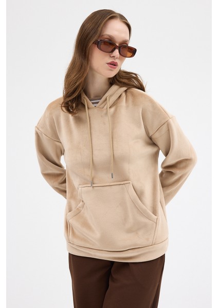 Vizon Kadın Peluş Kanguru Cepli Kapüşonlu Sweatshirt 3061A