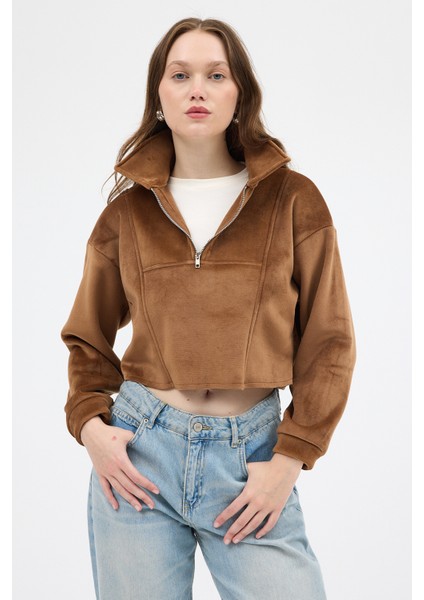 Taba Kadın Peluş Yarım Fermuarlı Crop Sweatshirt 3056A fiyatları
