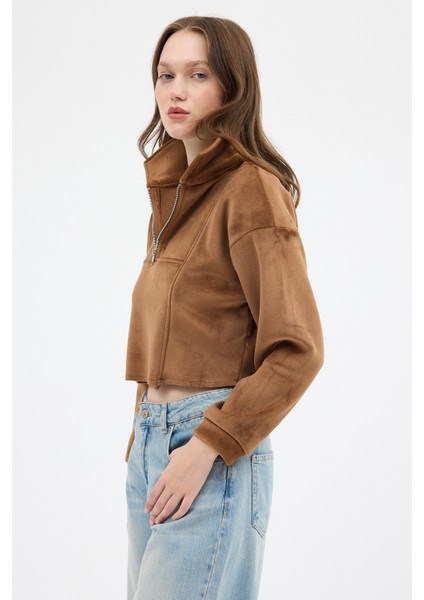 Taba Kadın Peluş Yarım Fermuarlı Crop Sweatshirt 3056A modelleri