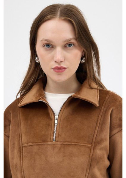 Taba Kadın Peluş Yarım Fermuarlı Crop Sweatshirt 3056A indirimleri