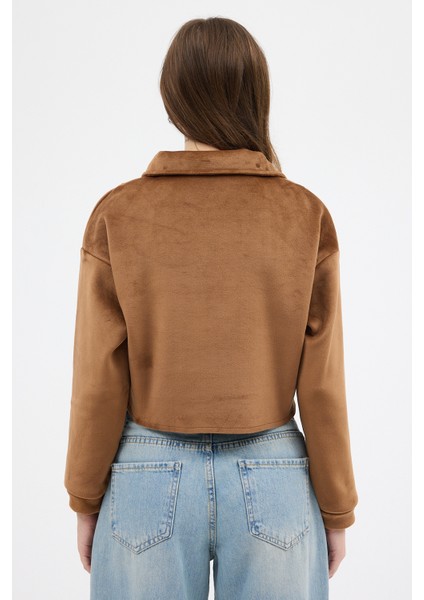 Taba Kadın Peluş Yarım Fermuarlı Crop Sweatshirt 3056A