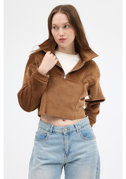 Taba Kadın Peluş Yarım Fermuarlı Crop Sweatshirt 3056A
