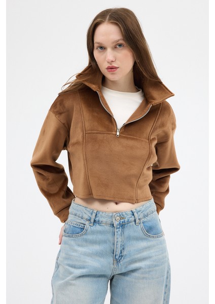 Taba Kadın Peluş Yarım Fermuarlı Crop Sweatshirt 3056A